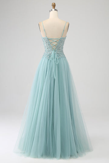 Vestido de fiesta con corsé con apliques de lentejuelas de color verde claro brillante con abertura